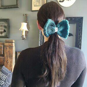 Knit Hair Bow, Handknitted Teal Ombre Ponytail Holder or Hair Band, Dark Mermaid